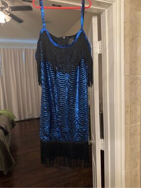 Leg Avenue Gatsby Blue and Black Sequin Fringe Mini Dress